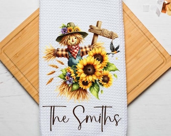 Personalized Scarecrow Sunflower Dish Tea Hand Kitchen Towel, Kitchen Decor Gift- Thanksgiving Fall Decor-Housewarming Hostess Gift