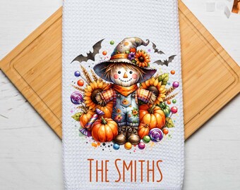 Personalized Scarecrow Pumpkins Dish Tea Hand Kitchen Towel, Kitchen Decor Gift- Thanksgiving Fall Halloween Decor-Housewarming Hostess Gift
