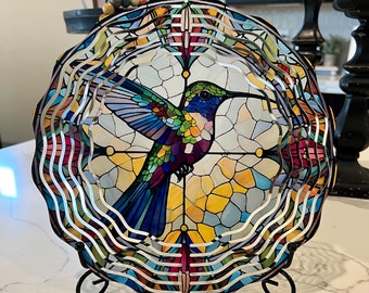 Faux Stained Glass Hummingbird  Wind Spinner- 10 Inch Double Sided Metal Wind Spinner- Yard Art- Housewarming-Mothers Day