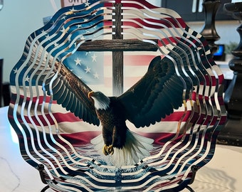 Eagle Cross American Flag Wind Spinner-10 Inch Double Sided Metal Wind Spinner-Yard Art- Christmas  Birthday Gift,Christian Religious Gift