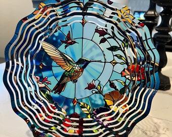 Blue Faux Stained Glass Hummingbird Wind Spinner-10 Inch Double Sided Metal Wind Spinner-Yard Art-Mothers Day Birthday Gift