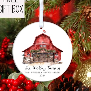 Christmas Red Barn Ornament, Country Christmas Family Gift Ornament, Add Any Name Any Year, Keepsake Ornament