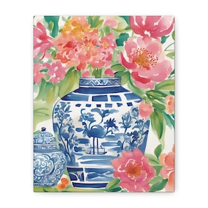 Chinoiserie Floral Canvas Wall Art, Watercolor Floral Art, Botanical Art, Grandmillenial Decor, Ginger Jar Decor, Gift For Her