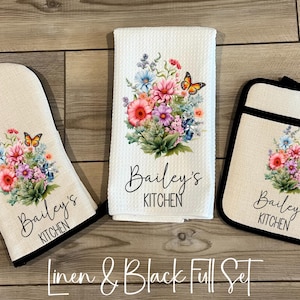 Custom Baking Set, Personalized Oven Mitt Pot Holder Set, Wildflowers Towel Gift Set, Mothers Day Gift, Hostess Housewarming Gift