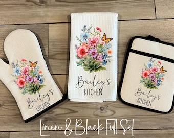 Custom Baking Set, Personalized Oven Mitt Pot Holder Set, Wildflowers Towel Gift Set, Mothers Day Gift, Hostess Housewarming Gift