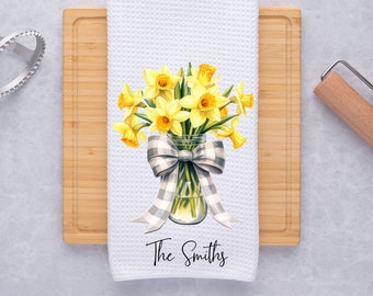 Personalized Daffodil Bouquet Tea Dish Hand Kitchen Towel, Custom Kitchen Decor Gift- Farmhouse-Housewarming Hostess