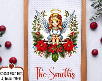 Personalized Christmas Angel Tea Dish Hand Kitchen Towel, Kitchen Towel Decor, Christmas Winter Holiday Hostess Housewarming Gift