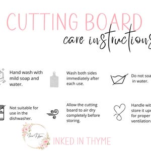 May include: White background with pink text that reads "CUTTING BOARD care instructions." Instructions include hand washing, washing both sides, not soaking in water, not using the dishwasher, air drying, and proper storage.