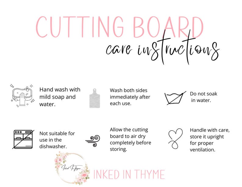 May include: White background with pink text that reads "CUTTING BOARD care instructions." Instructions include hand washing, washing both sides, not soaking in water, not using the dishwasher, air drying, and proper storage.