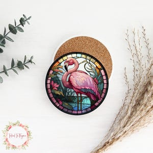 Faux Stained Glass Flamingo Ceramic Coaster, Elegant Coffee Table Decor, Flamingo Art Gift, Bird Lover Gift, Desk Accessory, Drink Coaster