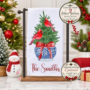 Personalized Chinoiserie Cardinal Christmas Tree Dish Tea Hand Kitchen Towel, Kitchen Decor Gift-  Winter Decor-Housewarming Hostess Gift