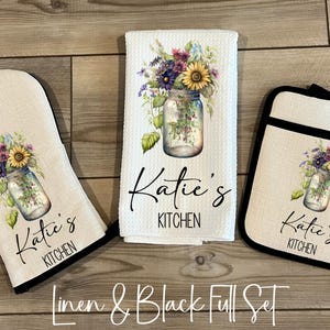Custom Baking Set, Personalized Oven Mitt Pot Holder Set, Wildflowers In Jar Towel Gift Set, Mothers Day Gift, Hostess Housewarming Gift