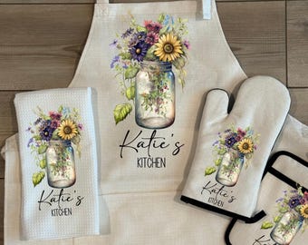 Custom Linen Apron Set, Personalized Oven Mitt Pot Holder Apron Set, Wildflowers Jar Towel Gift Set, Gift For Her, Hostess Housewarming Gift