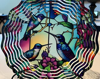 faux Stained Glass Three Hummingbirds Wind Spinner-10 Inch Wind Spinner-Yard Art-Outdoor Decor-Mothers Day Christmas Gift