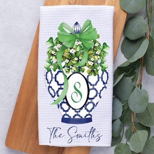 Custom Chinoiserie St Patrick's Day Monogram Tea Dish Hand Kitchen Towel, Custom Kitchen Towel Decor Gift-New Home-Hostess Housewarming