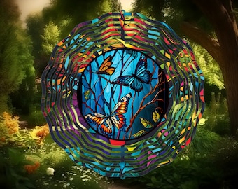 Faux Stained Glass Butterflies Wind Spinner, 10 Inch Metal Double Sided Wind Spinner- Yard Art- Christmas Gift- Housewarming Gift