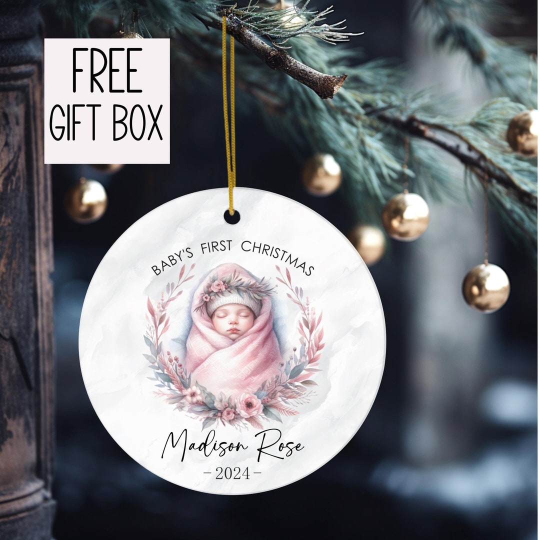 Baby's First Christmas Ornament, Watercolor Baby Girl Children's Gift