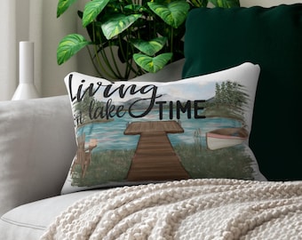 Living on Lake Time Lumbar Pillow, Cozy Lakehouse Decor, Nautical Home Accent, Relaxation Gift, Outdoor Living, Living Room Decor