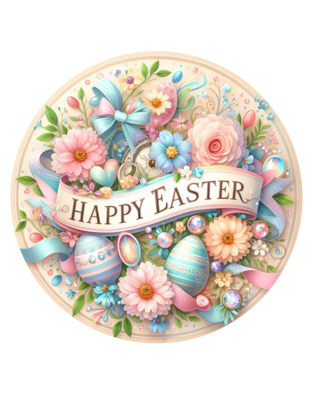 Wreath Sign, Pastel Happy Easter Eggs Wreath Sign, Round Wreath Sign ...