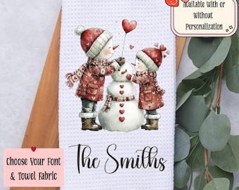 Personalized Snowmen Love Tea Dish Hand Kitchen Towel, Valentine's Day Kitchen Towel Decor Gift, Hostess Housewarming Gift, Gift For Her