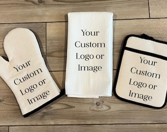 Custom Baking Set, Personalized Oven Mitt Pot Holder Set, Create Your Own Design Towel Gift Set, Mothers Day Gift, Hostess Housewarming Gift