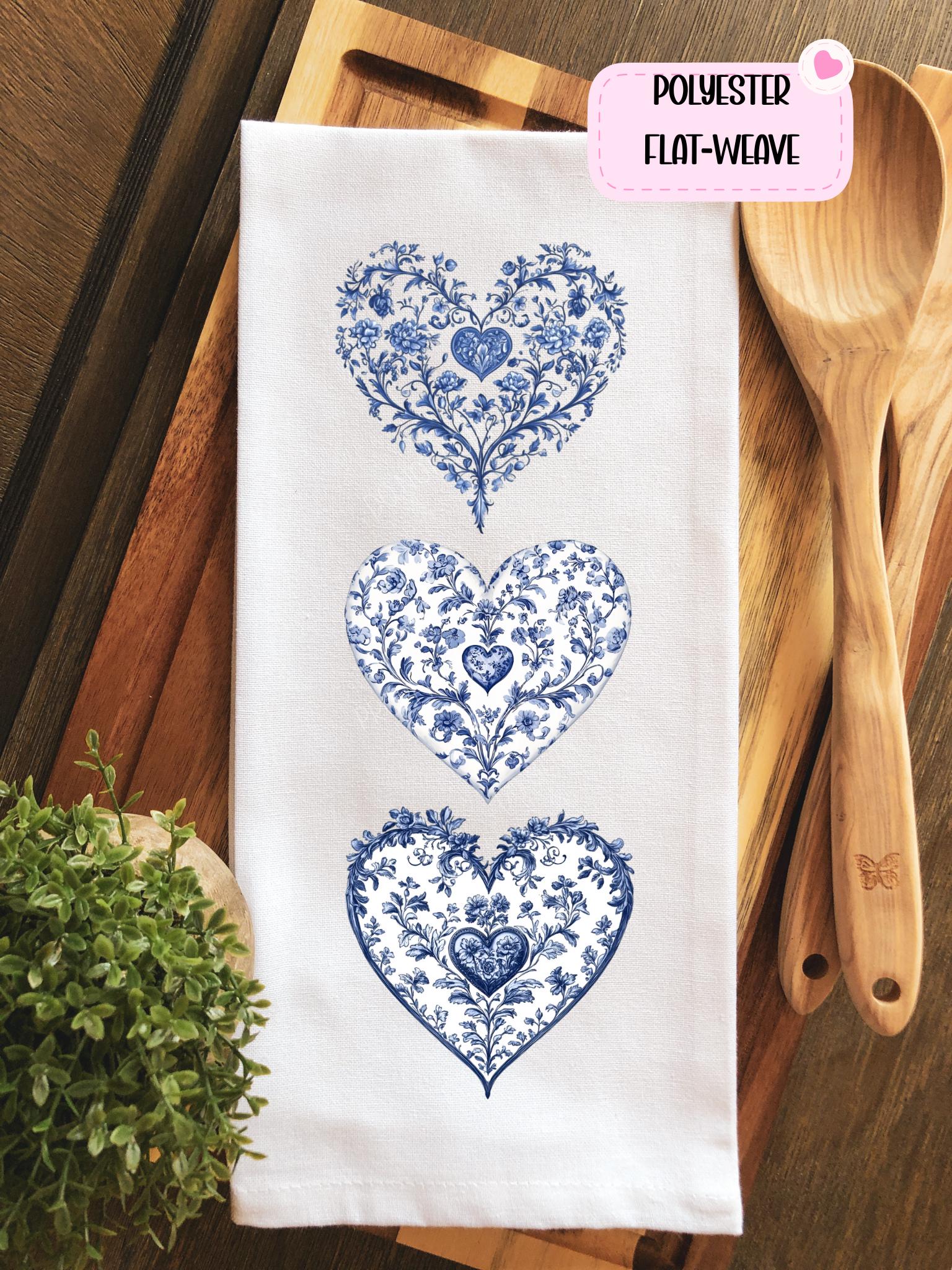 Blue Hearts Valentines Tea Dish Hand Kitchen Towel, Custom Kitchen