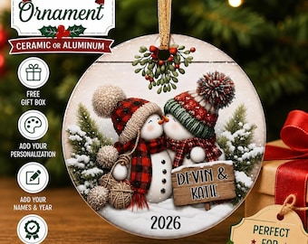Personalized Kissing Snowman Couple Ornament, Snowman Newlywed Wedding Ornament, Add Any Name Any Year, Keepsake Ornament, Engagement Gift