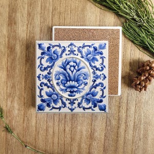 Chinoiserie Floral Square Ceramic Coaster, Chinoiserie Coaster, Coffee Table Decor, Drink Coaster, Mix & Match Coasters, Delft Blue Decor