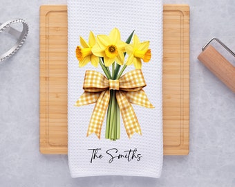 Personalized Daffodil Bouquet Tea Dish Hand Kitchen Towel, Custom Kitchen Decor Gift-Towel-Farmhouse-Housewarming Hostess