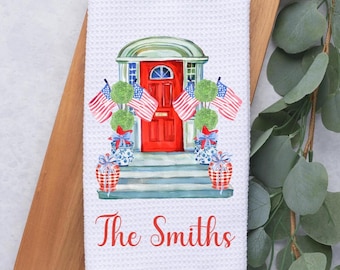 Custom Patriotic Tea Dish Hand Kitchen Towel, 4th of July Chinoiserie Kitchen Towel Decor Gift, Hostess Housewarming Gift, Gift For Her