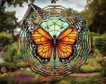 Faux Stained Glass Monarch Butterfly 10 Inch Double Sided Metal Wind Spinner, Yard Art, Mothers Day Gift, Housewarming, Birthday Gift