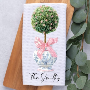 Custom Chinoiserie Pink Topiary Tea Dish Hand Kitchen Towel, Custom Kitchen Towel Decor Gift- Farmhouse-Hostess Housewarming