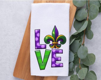 Mardi Gras Love Tea Dish Hand Kitchen Towel, Custom Kitchen Decor Gift-Hostess Housewarming Gift, Birthday Gift, Mardi Gras Decor