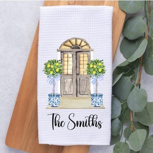 Custom Lemon Trees & Door Tea Dish Hand Kitchen Towel, Chinoiserie Kitchen Towel Decor Gift, Hostess Housewarming Gift, Mother&#39;s Day Gift