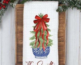 Custom Chinoiserie Christmas Tree Dish Tea Hand Kitchen Towel, Kitchen Decor Gift- Christmas Winter Decor-Housewarming Hostess Gift
