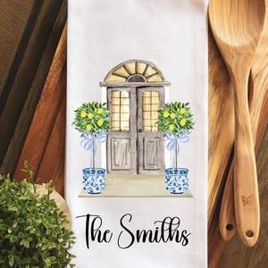 Lemon Trees & Front Door Cotton Towel, Chinoiserie Towel, Lemon Kitchen Tea Towel, Bathroom Hand Towel, Hostess Housewarming Gift For Her