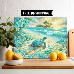 May include: A vibrant rectangular art print featuring a turquoise sea turtle on a sandy beach, surrounded by turquoise flowers and ocean waves. The background shows a tropical island under a sunset sky. The text "FREE SHIPPING" is displayed.