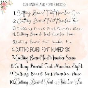 May include: A display of ten different font choices for cutting boards. Each font is numbered and labeled with the text "Cutting Board Font Number" followed by the corresponding number. The fonts vary in style, from elegant script to bold block letters.