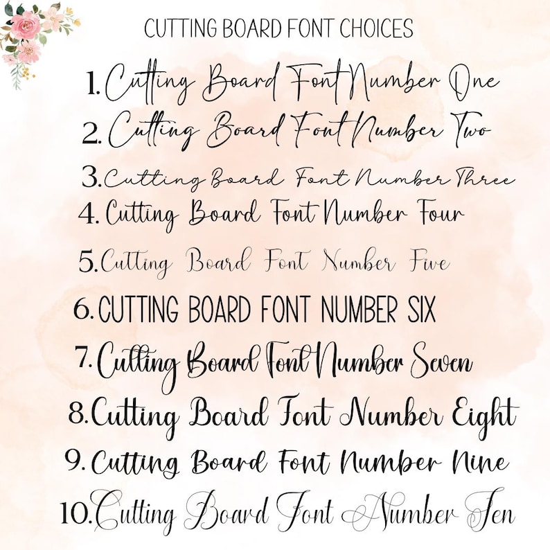 May include: A display of ten different font choices for cutting boards. Each font is numbered and labeled with the text "Cutting Board Font Number" followed by the corresponding number. The fonts vary in style, from elegant script to bold block letters.