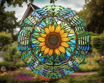 Faux Stained Glass Sunflower Wind Spinner, 10" Double Sided Metal Wind Spinner, Yard Art, Mothers Day Gift, Housewarming Gift