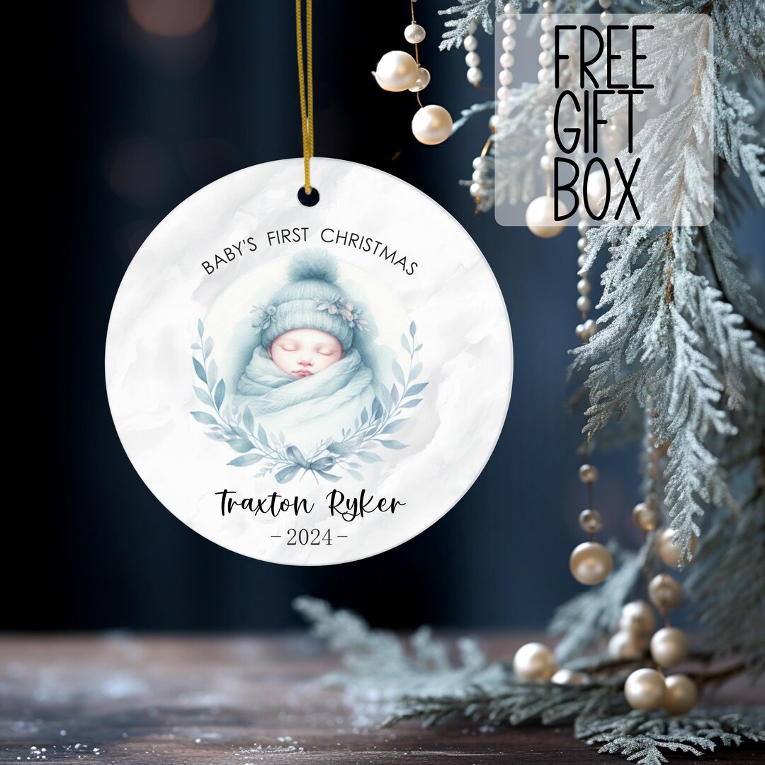 Baby's First Christmas Ornament, Watercolor Baby Boy Children's Gift