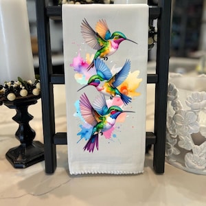 Watercolor Hummingbirds Cotton Towel, Bird Towel, Hummingbird Kitchen Tea Towel, Bathroom Hand Towel, Hostess Housewarming Gift
