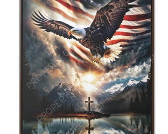 May include: A bald eagle flies over a mountain range with a cross in the foreground. The eagle is flying over an American flag. The scene is reflected in a lake.