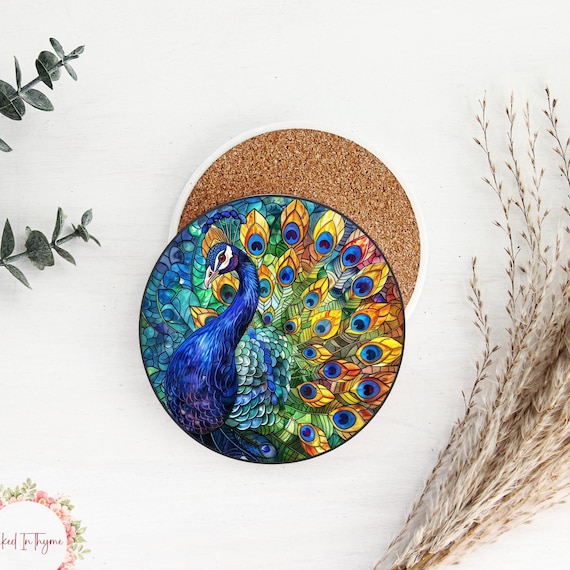 peacock glass coasters