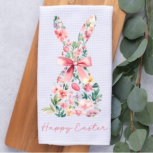 Custom Floral Bunny Tea Dish Hand Kitchen Towel, Easter Bunny Kitchen Towel Decor Gift-Hostess Housewarming, Easter Gift