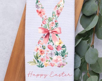Custom Floral Bunny Tea Dish Hand Kitchen Towel, Easter Bunny Kitchen Towel Decor Gift-Hostess Housewarming, Easter Gift