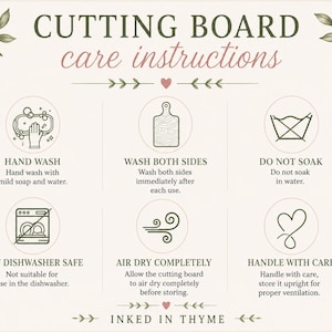 K&ouml;nnte beinhalten: Ein cremefarbenes Hinweisschild mit der &Uuml;berschrift CUTTING BOARD care instructions und gr&uuml;nen Blattmotiven. Es enth&auml;lt sechs kreisf&ouml;rmige Symbole mit Textanweisungen zum H&auml;ndewaschen, Trocknen und zur allgemeinen Pflege des Schneidebretts.