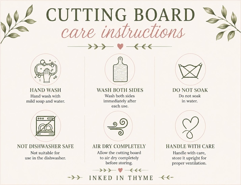 K&ouml;nnte beinhalten: Ein cremefarbenes Hinweisschild mit der &Uuml;berschrift CUTTING BOARD care instructions und gr&uuml;nen Blattmotiven. Es enth&auml;lt sechs kreisf&ouml;rmige Symbole mit Textanweisungen zum H&auml;ndewaschen, Trocknen und zur allgemeinen Pflege des Schneidebretts.
