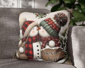 Personalized Kissing Snowman Couple Double Sided Pillow or Pillow Cover - Christmas Decor- Engagement Gift - Newlywed Gift