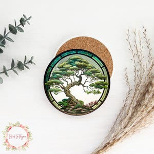 Faux Stained Glass Bonsai Tree Ceramic Coaster, Nature Lover Coaster, Coffee Table Decor, Drink Coaster, Mix & Match Coasters